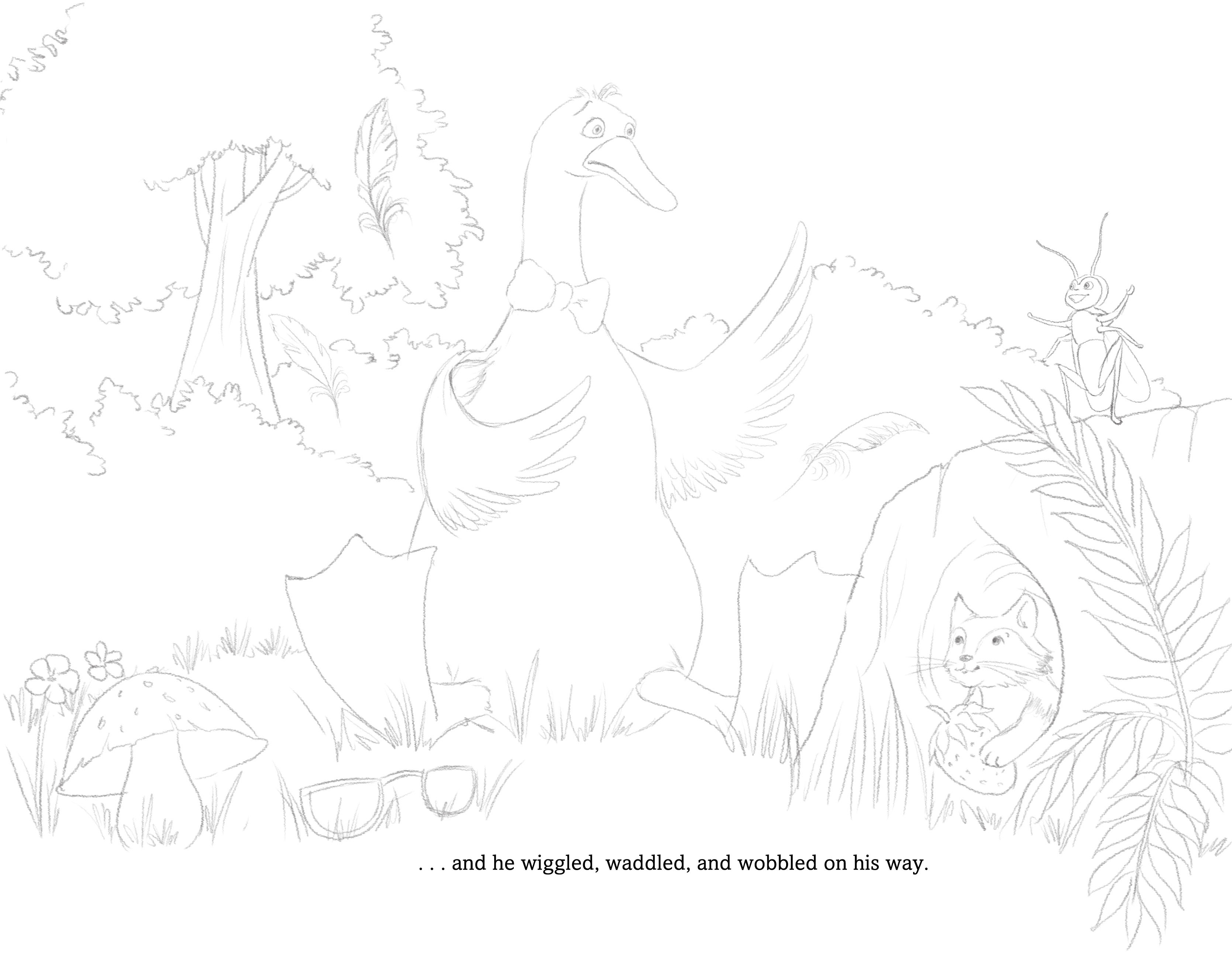 Refined black and white line art of Griffin wiggling, waddling, and wobbling into the forest, from 'Ruffled Feathers'.
